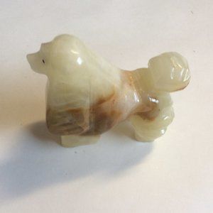 Carved natural Stone dog figurine white with brown spot